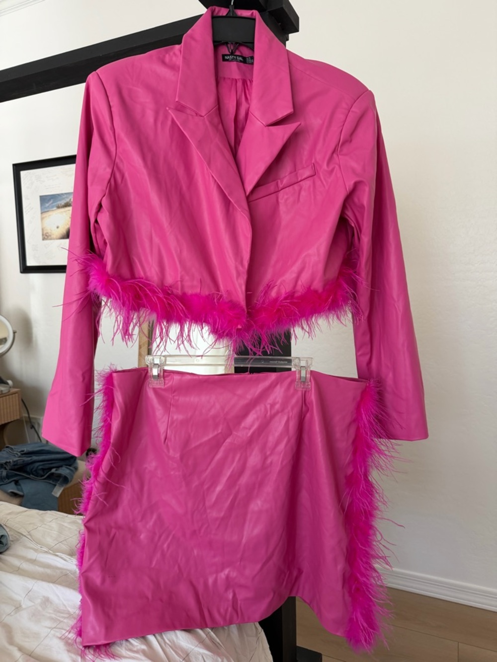 NastyGal 3 piece set faux leather feather blazer mini skirt and crop top size 14
